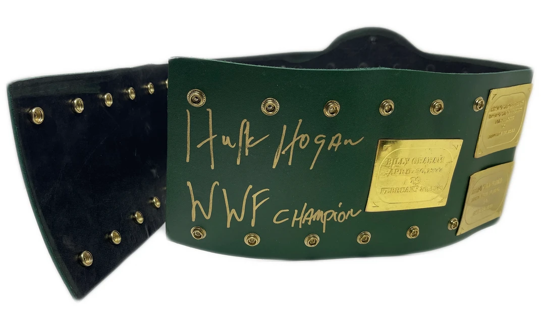 Hogan's Beach Shop AUTOGRAPHED TITLE BELTS WWF Big Green Heavyweight Champion Belt Signed 2 Hogan's Beach Shop AUTOGRAPHED TITLE BELTS WWF Big Green Heavyweight Champion Belt Signed
